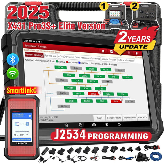 Tester auto profesional OBD2 cu codare ECU, control bidirectional, diagnoza la nivel OE, resetare 60+ sisteme, J2534, CANFD, DOIP, FCA SGW, cu Bluetooth, WiFi, acumulator 12600 mAh, 4GB RAM, 64GB ROM si touchscreen 10.1 inch, LAUNCH X431 PRO3S+ Elite