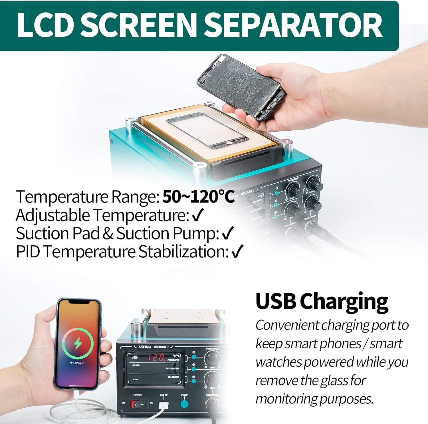 Statie de lipit si dezlipit cu aer cald, letcon si separator ecran LCD, 1180W, temperatura reglabila, display LED, port USB 5V, functie standby, multifunctionala