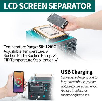 Statie de lipit si dezlipit cu aer cald, letcon si separator ecran LCD, 1180W, temperatura reglabila, display LED, port USB 5V, functie standby, multifunctionala