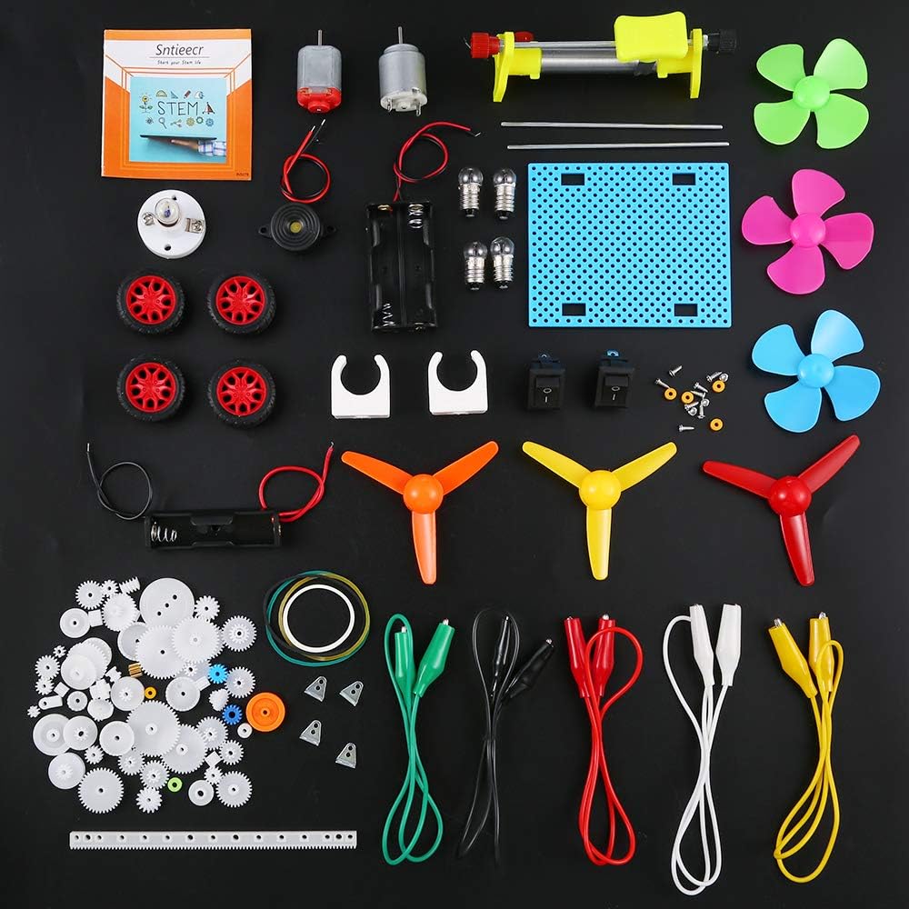 Set de 2 motoare STEM 1.5V - 3V, cu elice, becuri, sonerie, roti dintate, intrerupatoare, carcase cu suport baterie, cleme tip crocodil, tub termocontractil, pentru jucarii, experimente, pentru copii 14+