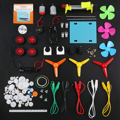 Set de 2 motoare STEM 1.5V - 3V, cu elice, becuri, sonerie, roti dintate, intrerupatoare, carcase cu suport baterie, cleme tip crocodil, tub termocontractil, pentru jucarii, experimente, pentru copii 14+