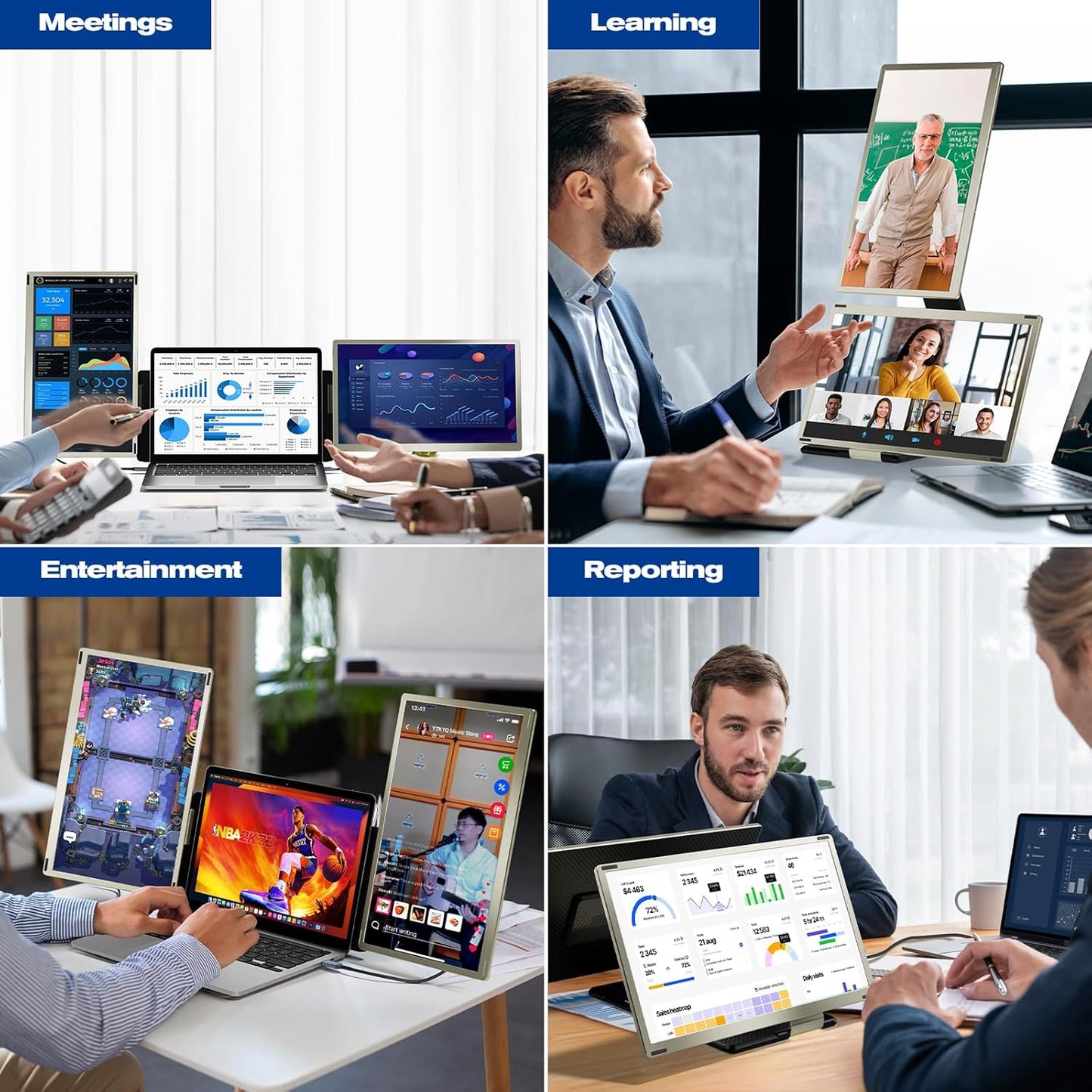 Monitor portabil pentru laptop cu doua ecrane detasabile 15.6 inch, Full HD 1080P, pliabile, contrast 1000:1, sRGB, 16.7 millioane culori, HDMI/USB-C, difuzor incorporat, pentru Mac, Windows, Chrome
