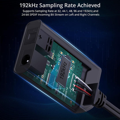 Convertor audio DA 192KHz de la digital la analog, SPDIF TOSLINK tata la RCA mama, cu chip ampificator, cu cablu optic de 1 m si iesire RCA, plug and play