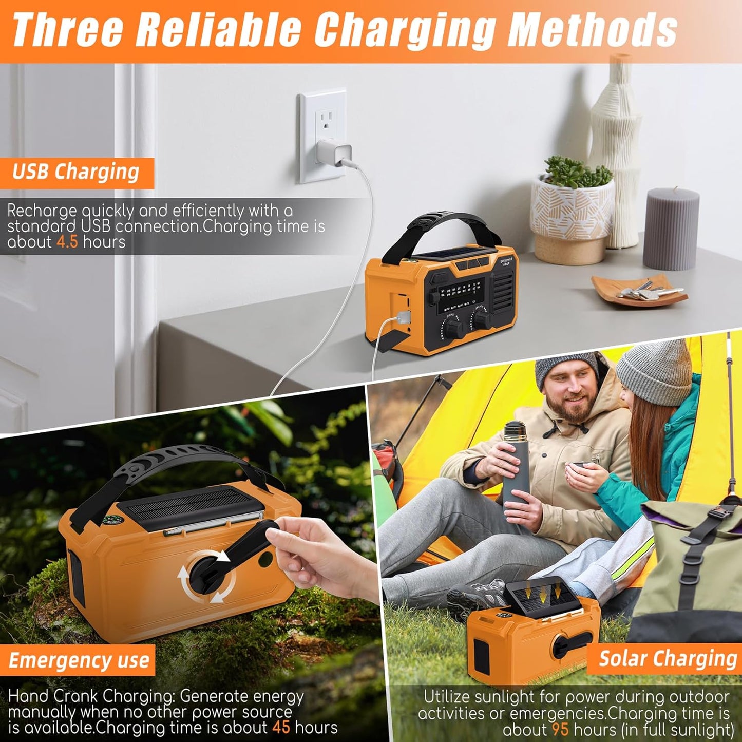 Radio portabil de urgenta cu manivela, 30.000 mAh, cu Bluetooth, panou solar, functie powerbank, lanterna si lumina de noapte, busola, alarma SOS, portocaliu