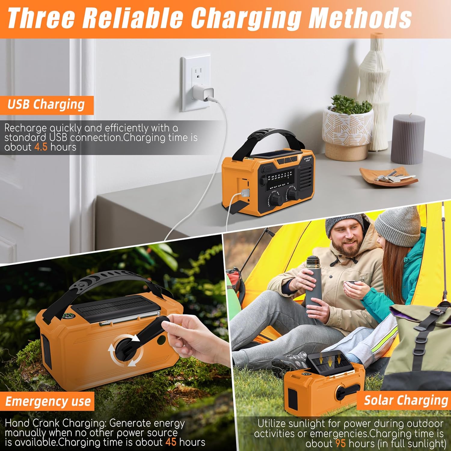 Radio portabil de urgenta cu manivela, 30.000 mAh, cu Bluetooth, panou solar, functie powerbank, lanterna si lumina de noapte, busola, alarma SOS, portocaliu
