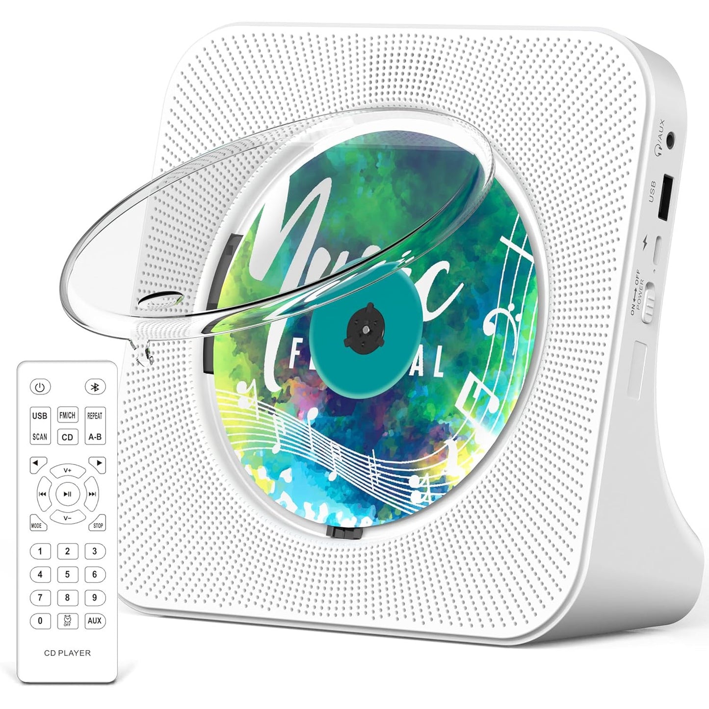CD Player portabil premium Greadio cu Bluetooth 5.0 bidirectional, difuzoare HiFi stereo, telecomanda, display LED, radio FM, suport CD/MP3/USB/AUX, jack casti, design elegant anti-praf, functie sleep timer, alb