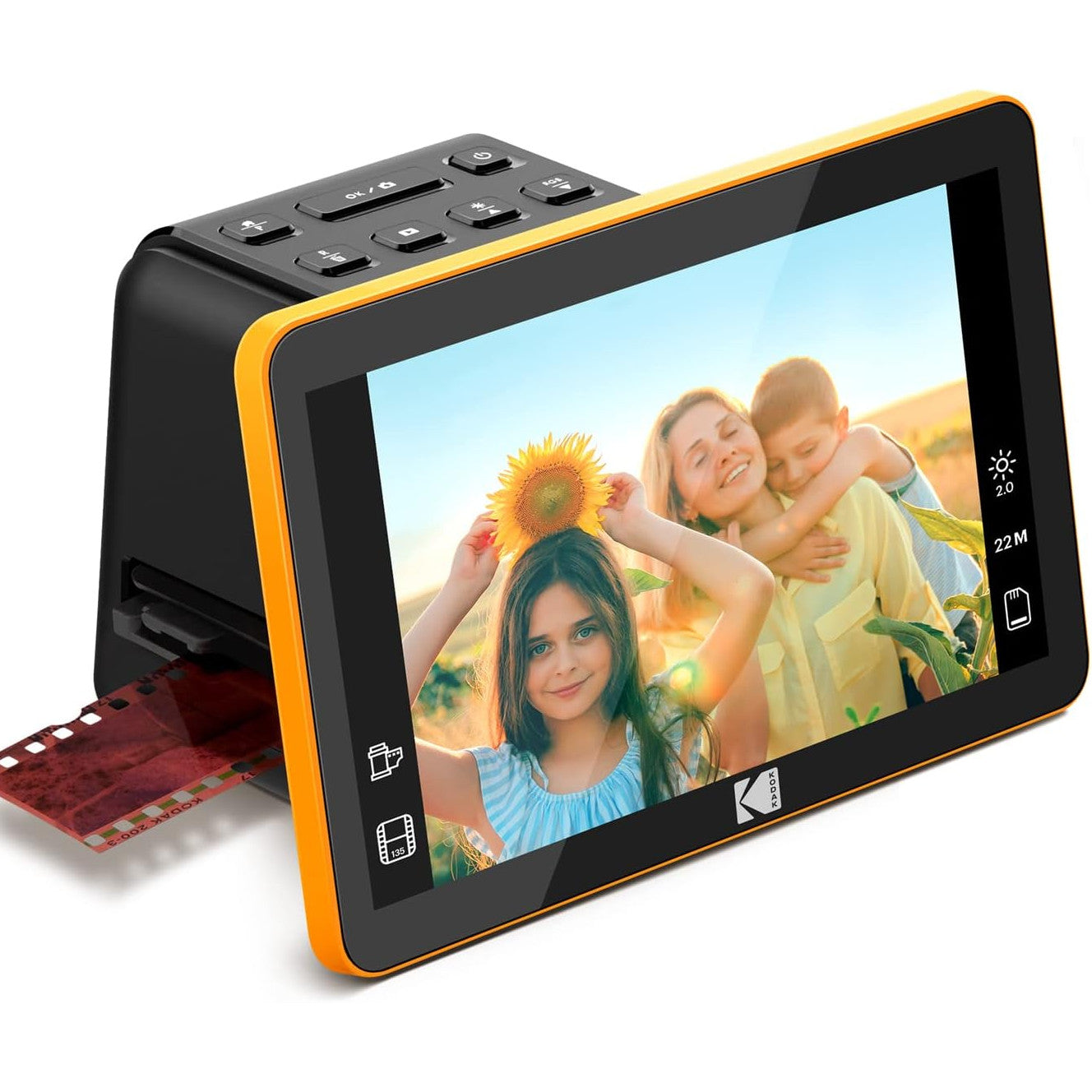 Scanner de film si diapozitive cu ecran LCD de 7 inch, 14/22 mp, compatibil film color si alb-negru 135, 110 si 126, functie incarcare continua, editare foto, cu slot card SD sau SDHC, port HDMI, negru