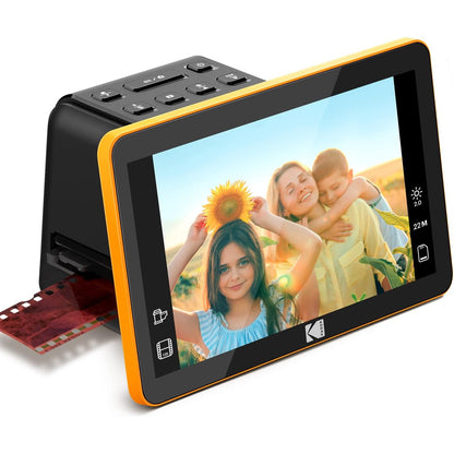 Scanner de film si diapozitive cu ecran LCD de 7 inch, 14/22 mp, compatibil film color si alb-negru 135, 110 si 126, functie incarcare continua, editare foto, cu slot card SD sau SDHC, port HDMI, negru