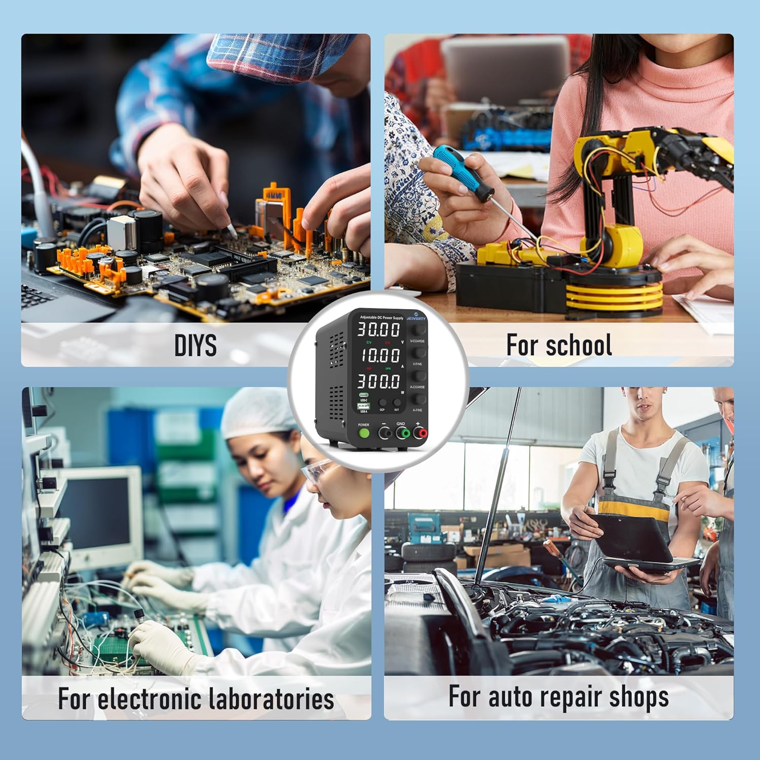 Sursa de alimentare de laborator 32 V, 10 A, CC, cu reglaj fin si grosier prin codificator, USB-C si USB-A 20 W, protectie supracurent OCP, ventilator de racire, intrare AC115V/230V, Jesverty