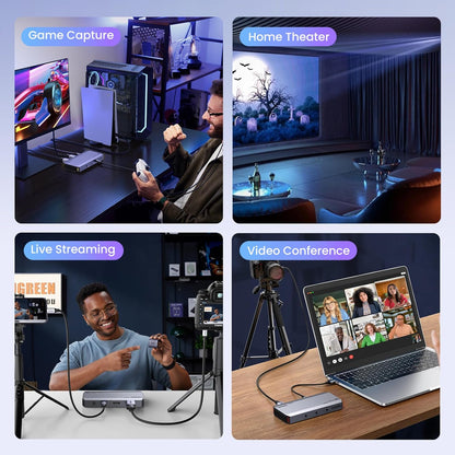 Placa de captura video HDMI 4K@60Hz, video grabber cu iesire in bucla, Output HDMI si USB-C, HDR si VRR, 3 x Jack 3.5 mm, plug & play, compatibil PC, MacBook, smartphone, iPad, laptop, consola, camera