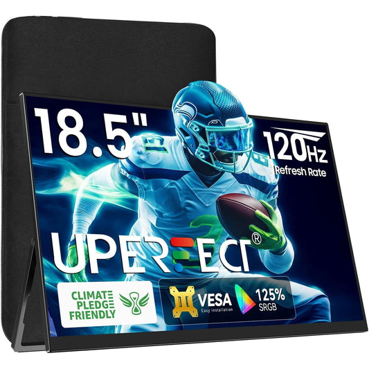 Monitor portabil gaming SUPERFECT 18.5 inch, Full HD 1920x1080 IPS mat, 120Hz, 16:9, 125% sRGB, USB-C + Mini HDMI, difuzoare integrate, suport reglabil, compatibil VESA, pentru laptop, PC, telefon, PS4/PS5, Xbox