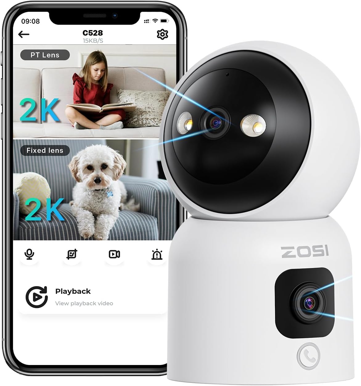 Camera de supraveghere WiFi 2.4/5GHz de interior cu lentila dubla 3MP + 3MP, detectare si urmarire persoana prin AI, comunicare bidirectionala, nightvision color