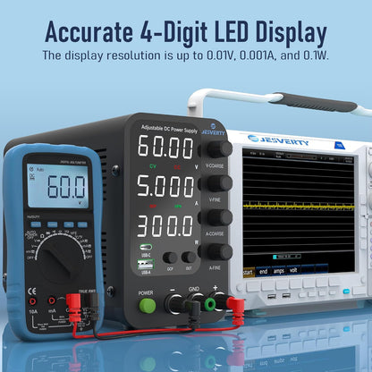 Sursa de alimentare de laborator 60 V, 5 A, CC, cu reglaj fin si grosier prin codificator, USB-C si USB-A 20 W, protectie supracurent OCP, ventilator de racire, intrare AC115V/230V, Jesverty