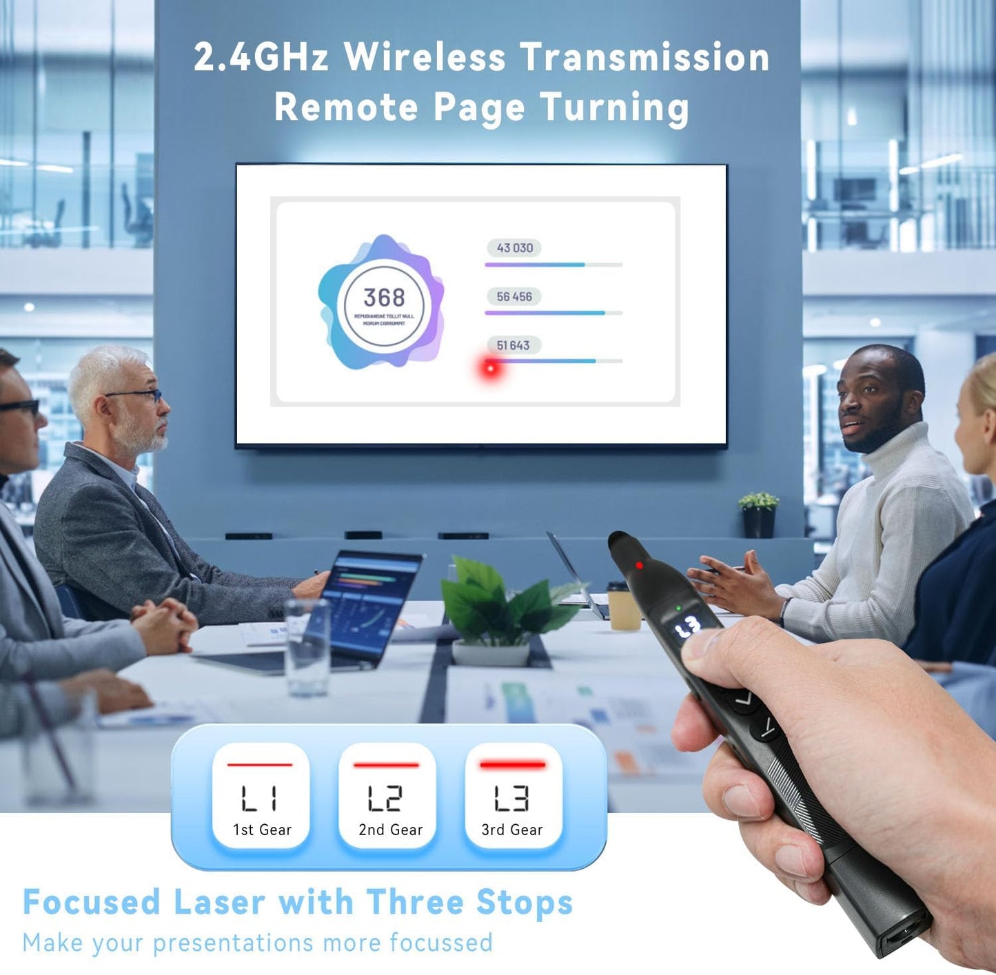 Presenter wireless, laser de prezentare cu pointer extensibil 45 cm, scriere pe ecran tactil, reincarcabil, functie timer cu vibratie, lumina rosie reglabila pe 3 niveluri, compatibil Windows, Mac, Linux, Android