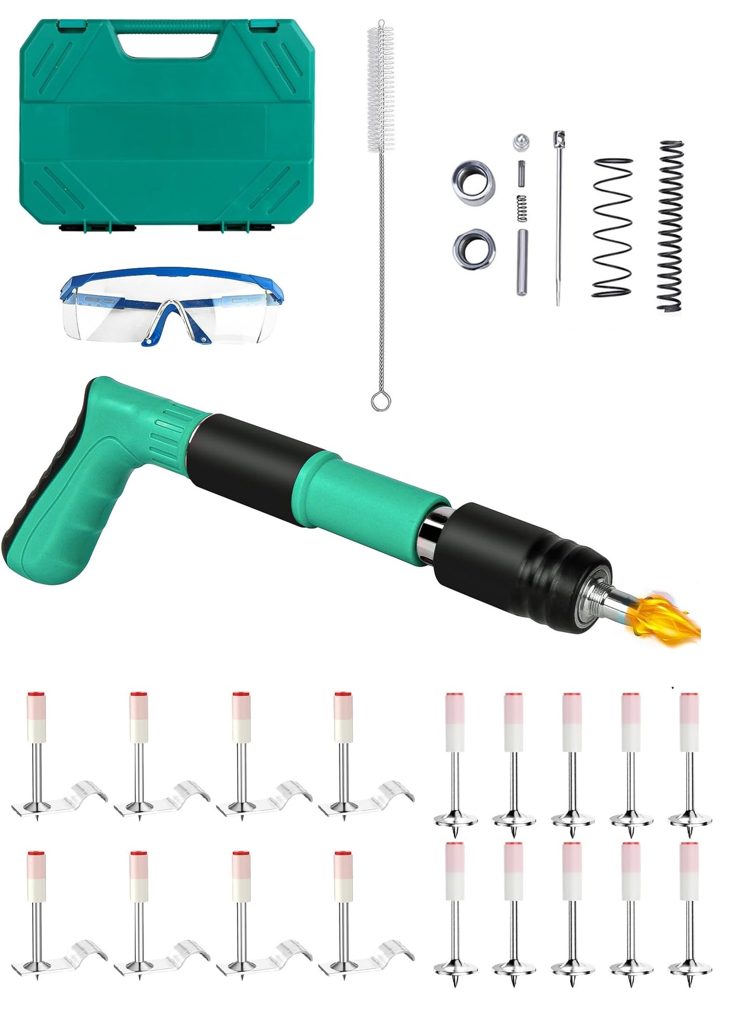 Pistol de cuie manual, unealta pentru fixarea cuielor si bolturilor in beton, lemn, fier, perete, tavan, pardoseala, de 34 cm, cu 25 cuie rotunde si 25 cleme cu carlig incluse, 3 trepte de putere, in geanta de transport si depozitare