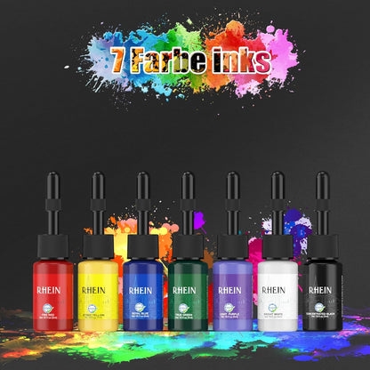 Set aparat de tatuat wireless, masina de tatuaje cu acumulator 1500 mAh, 10 ace tip cartus, 7 cerneluri, design ergonomic
