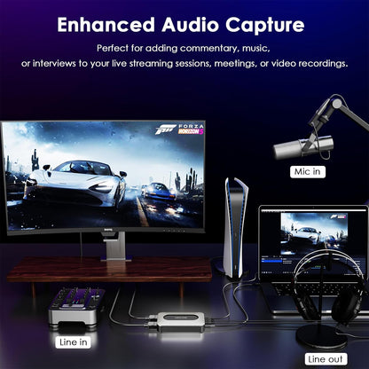 Placa de captura video 4K, HDMI, Video grabber cu loopout HDMI, mufa jack 3.5 mm Line In, Line Out, Mic In, plug & play, suport VRR, compatibil cu PC, Laptop, consola jocuri