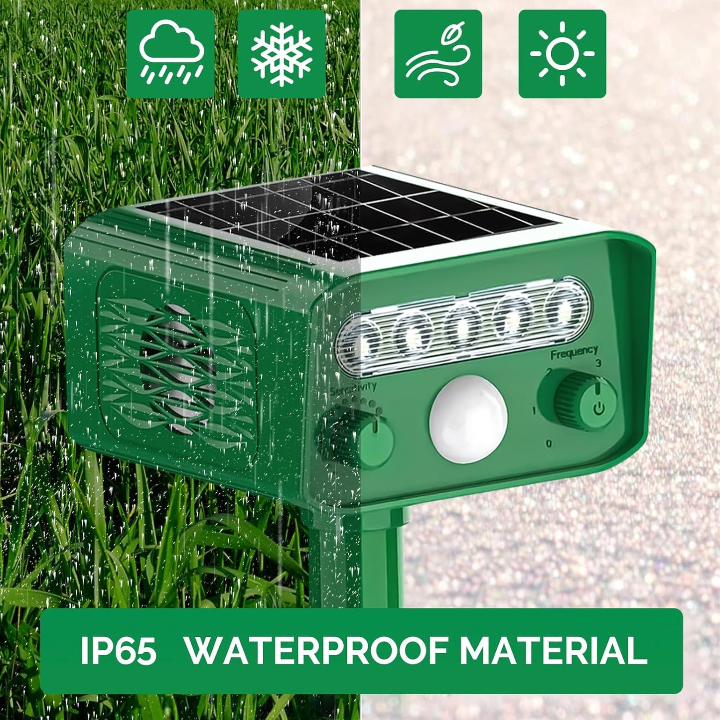 Dispozitiv cu ultrasunete anti-daunatori, cu panou solar, lumini LED, 5 moduri ajustabile, impotriva animalelor salbatice, anti rozatoare, caini, pisici, incarcare solara si USB, impermeabil IP65, verde