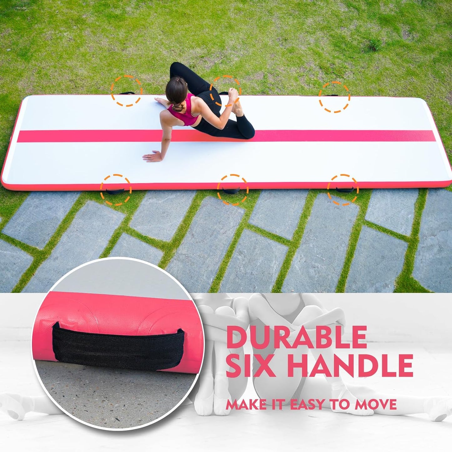Saltea pentru antrenament gimnastica, gonflabila, 300 x 100 x 10 cm, din PVC, rezistent UV, cu pompa electrica si geanta de transport, roz