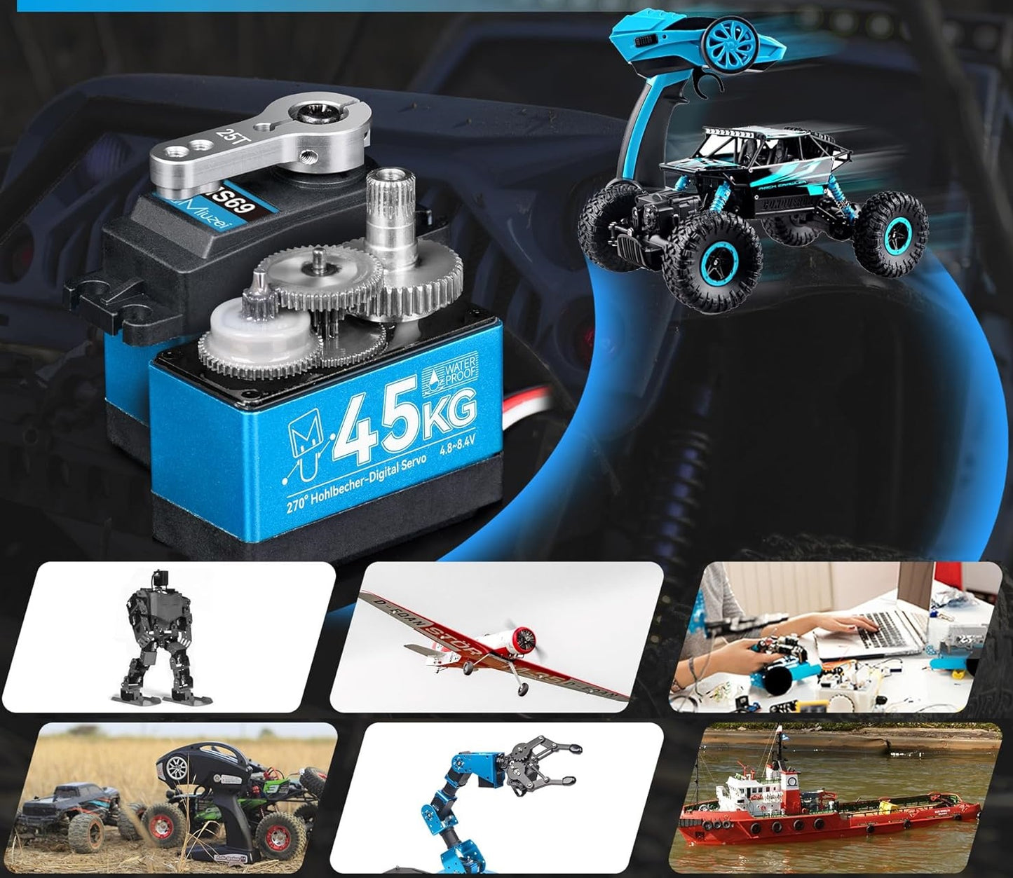 Set 2 servomotor RC 45Kg, 4.8V - 8.4V, impermeabil, angrenaj metalic, unghi operare de 270°, pentru brat robot, barca RC, masina RC, model avion, model elicopter, cu cablu de 0.5 m