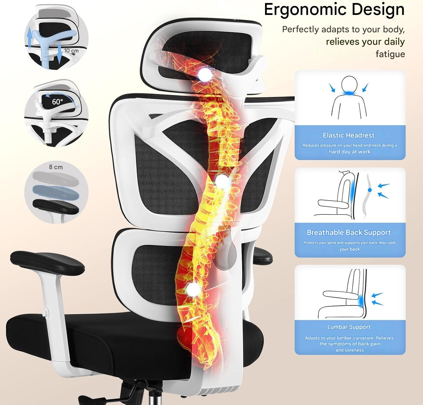 Scaun de birou ergonomic 50cm x 44cm x 128 cm, mecanism tilt, inaltime reglabila, rotativ 360°, tetiera reglabila, suport lombar, cotiere 3D, spatar reglabil 90°/105°/130°, alb