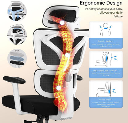 Scaun de birou ergonomic 50cm x 44cm x 128 cm, mecanism tilt, inaltime reglabila, rotativ 360°, tetiera reglabila, suport lombar, cotiere 3D, spatar reglabil 90°/105°/130°, alb