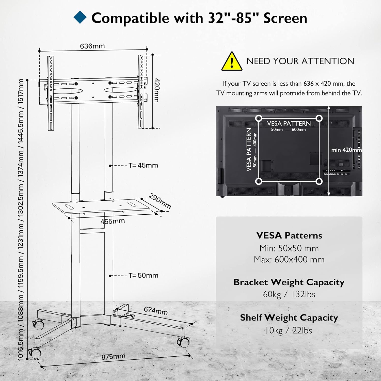 Suport TV stand cu roti, pentru televizoare de 32-85 inch plat si curbat de pana la 60 kg, reglabil in inaltime, VESA maxim 600 x 400 mm, negru