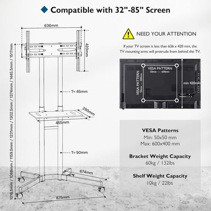 Suport TV stand cu roti, pentru televizoare de 32-85 inch plat si curbat de pana la 60 kg, reglabil in inaltime, VESA maxim 600 x 400 mm, negru