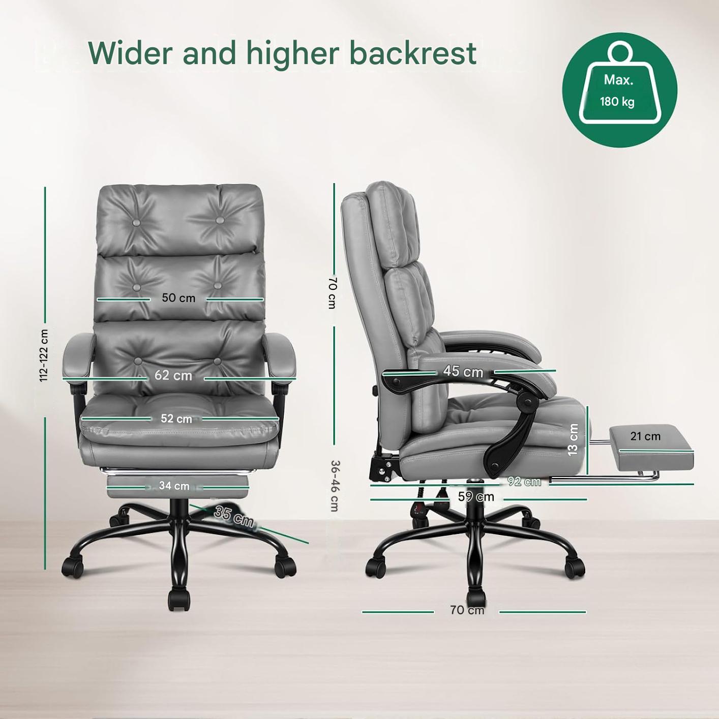 Scaun de birou ergonomic ALFORDSON, piele ecologica PU, spatar ergonomic 3 segmente, tetiera integrata, suport picioare retractabil, inclinare reglabila 90°-150°, reglare pe inaltime 10 cm, rotire 360°, cotiere ergonomice, capacitate 180 kg, gri