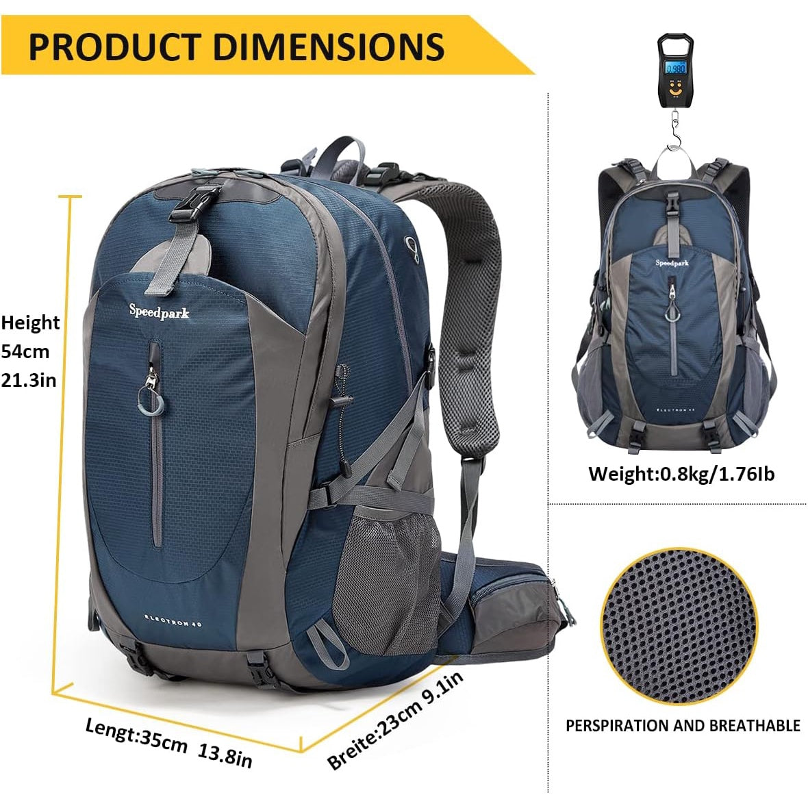 Rucsac de drumetie 40 l cu husa de ploaie, gheozdan impermeabil cu buzunar frontal si laterale, material bretele respirabil, pentru drumetii, camping, trekking, albastru