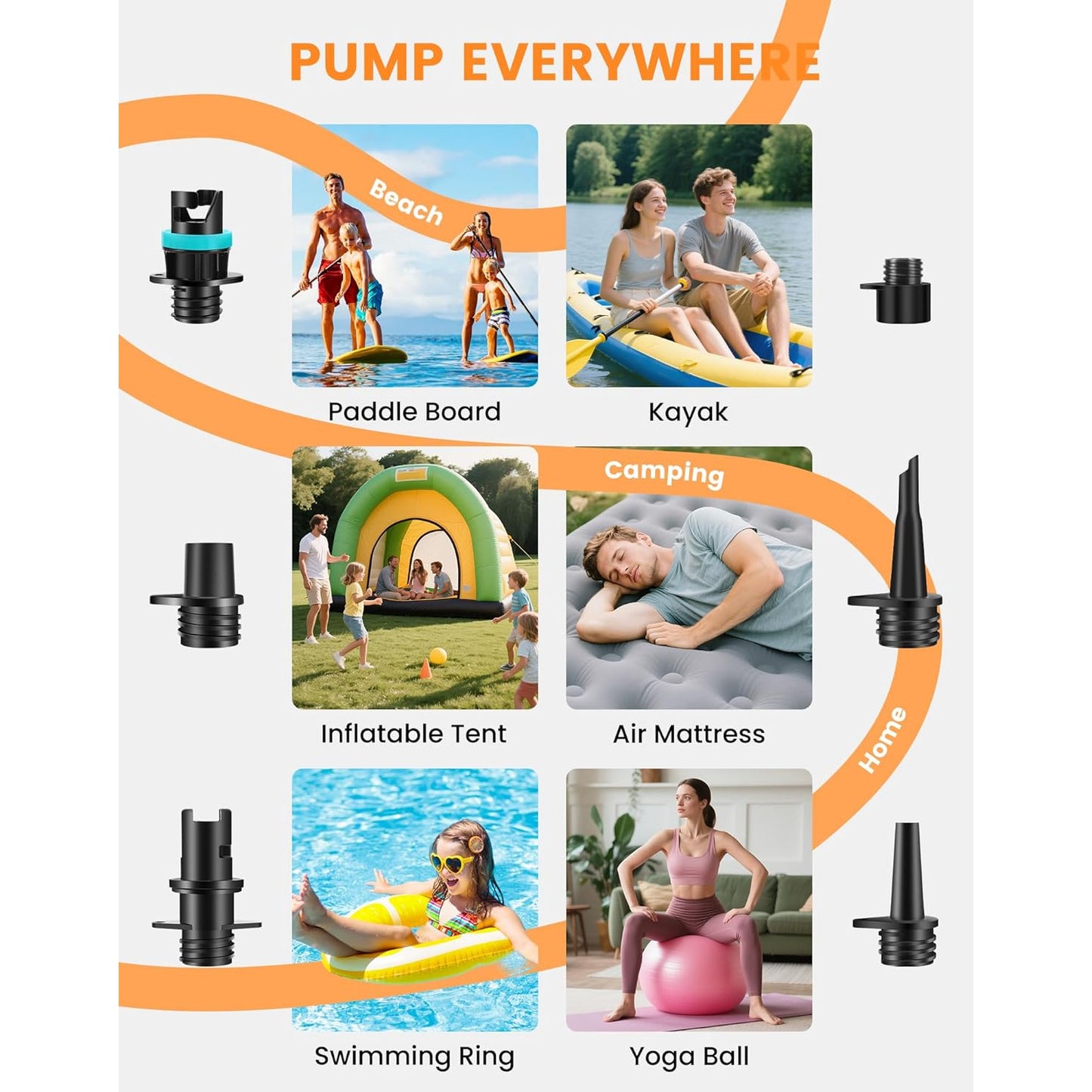 Pompa electrica portabila SUP Aurethryon, baterie 13500 mAh, presiune maxima 20 PSI, oprire automata, afisaj LED, lanterna integrata, alimentare 12V si USB-C, 7 duze incluse, negru