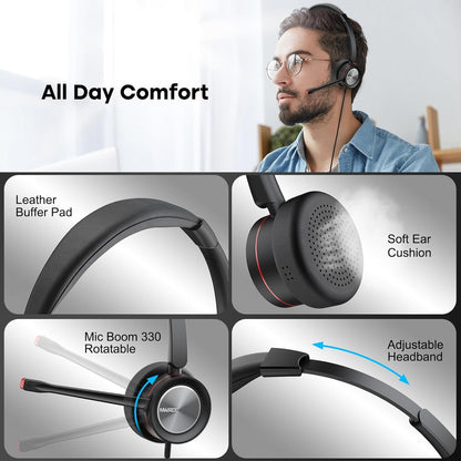 Casca call center cu microfon, functie anulare zgomot, USB, audio HD, cu control volum, buton mute si buton apelare, pentru computer, neagra