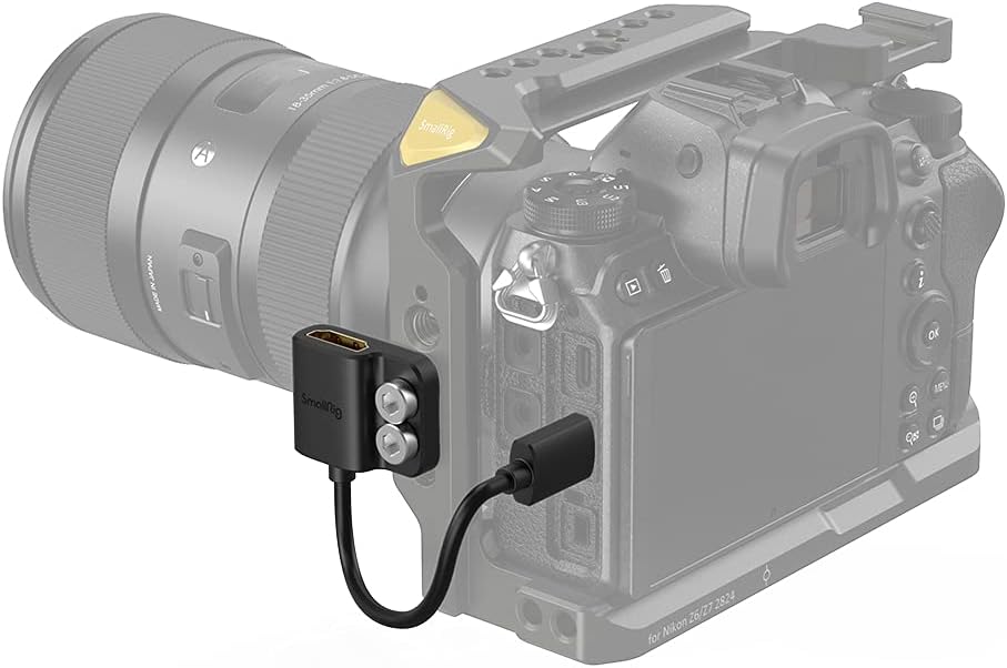 Adaptor de la cablu mini HDMI la HDMI mama, de la C la A, 4K, de 14 cm lungime, cu prindere si suruburi 1/4-20", pentru camere cu port mini HDMI precum Nikon Z6, Z7, D780, Canon EOS RP, 5D Mark IV