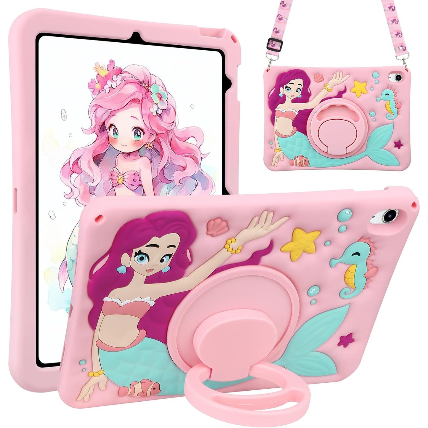 Husa de protectie pentru iPad Gen 11 A16 si iPad Gen 10 2022 10.9 inch, model sirena, cu stand tip inel rotativ 360° si curea de umar, roz
