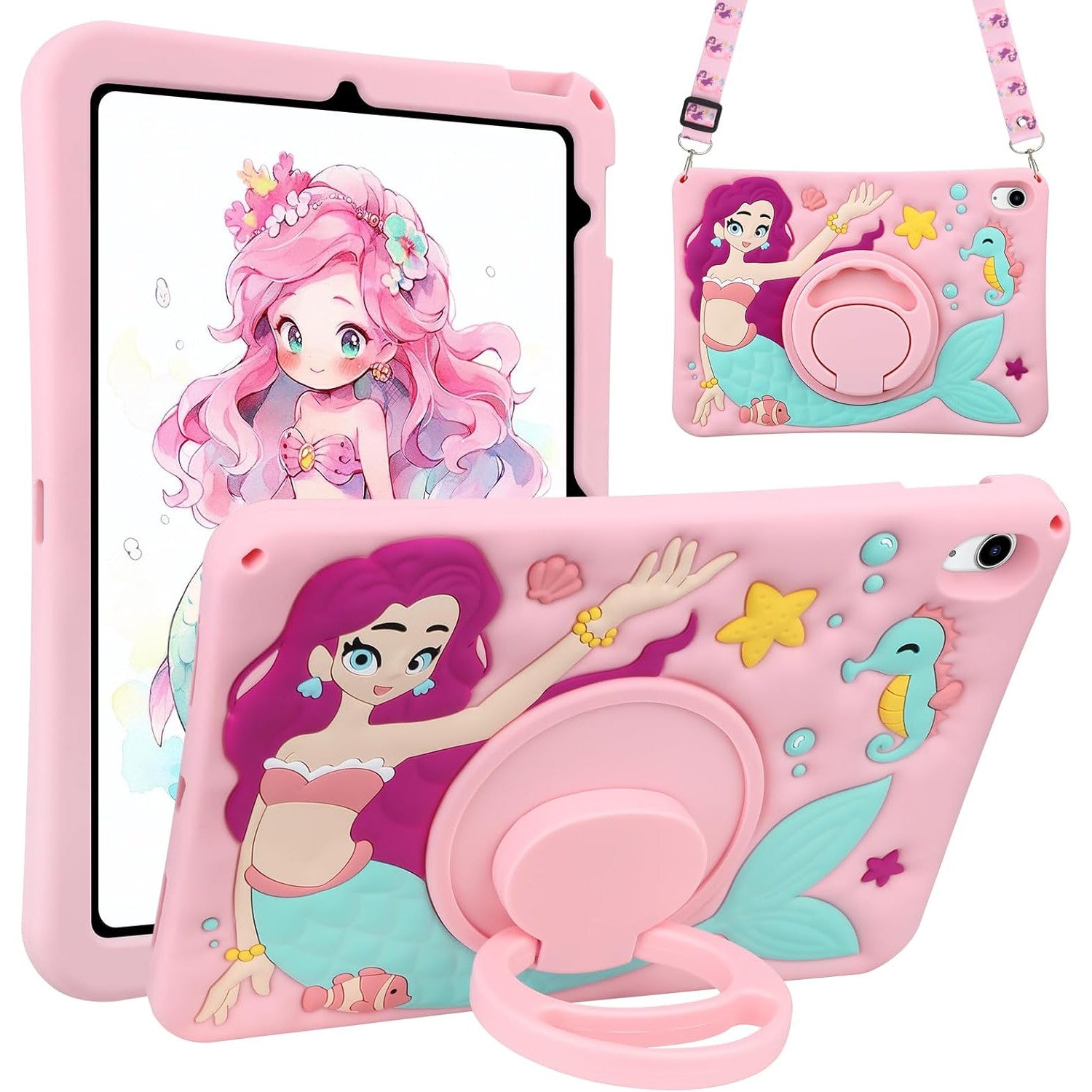 Husa de protectie pentru iPad Gen 11 A16 si iPad Gen 10 2022 10.9 inch, model sirena, cu stand tip inel rotativ 360° si curea de umar, roz