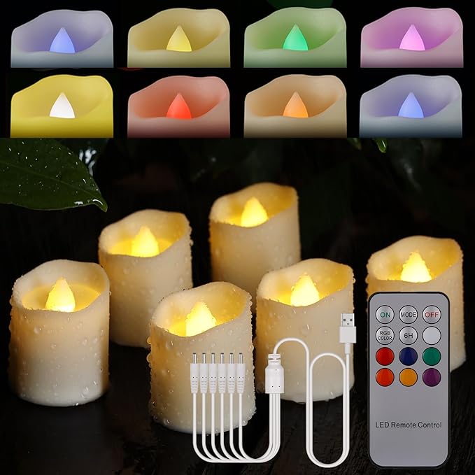 Set 6 lumanari LED RGB reincarcabile, cu telecomanda, efect de flacara, temporizator, intensitate reglabila pe 5 niveluri, pentru Halloween, Craciun, nunta, petrecere