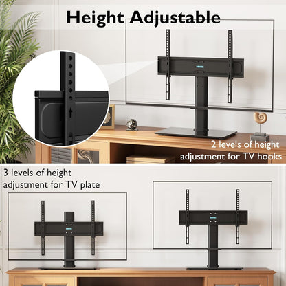 Suport TV cu stand de masa, pentru televizor 26-55 inch, suporta greutate pana la 40 kg, baza 400 x 260 mm din sticla, inaltime ajustabila, prinderi din otel, multifunctional