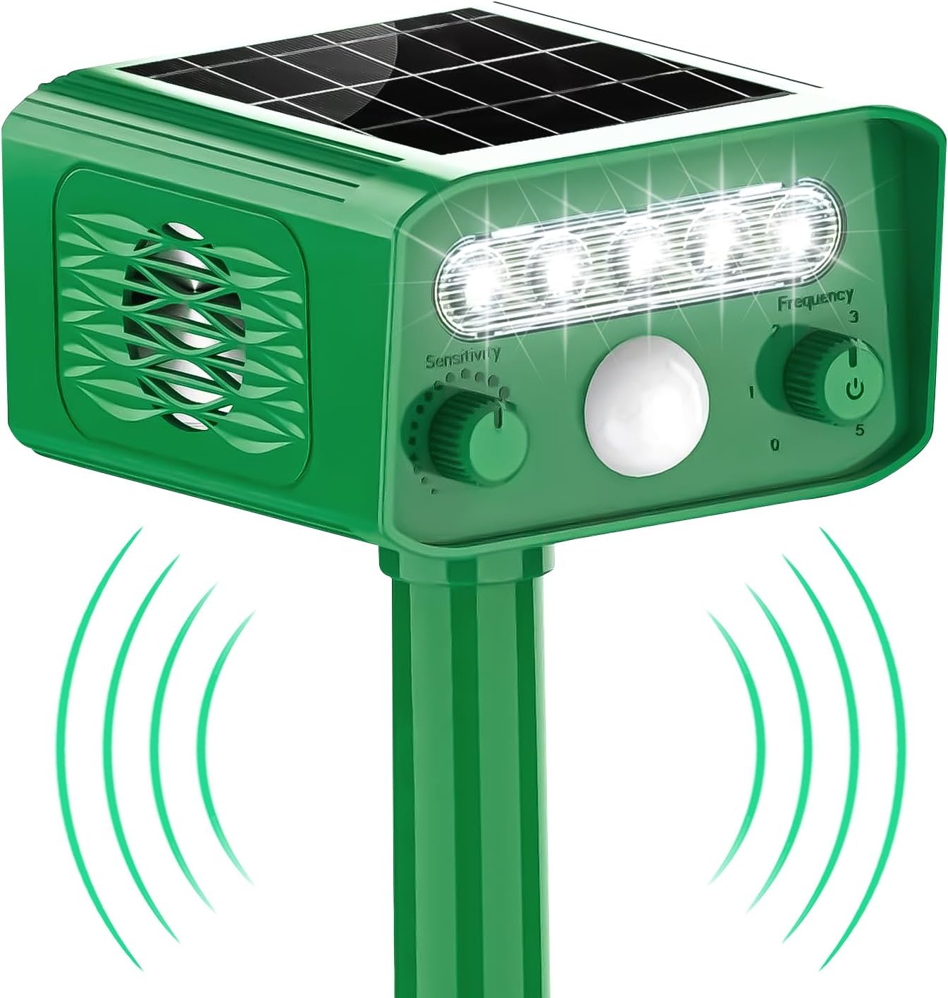 Dispozitiv cu ultrasunete anti-daunatori, cu panou solar, lumini LED, 5 moduri ajustabile, impotriva animalelor salbatice, anti rozatoare, caini, pisici, incarcare solara si USB, impermeabil IP65, verde