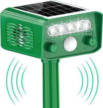 Dispozitiv cu ultrasunete anti-daunatori, cu panou solar, lumini LED, 5 moduri ajustabile, impotriva animalelor salbatice, anti rozatoare, caini, pisici, incarcare solara si USB, impermeabil IP65, verde