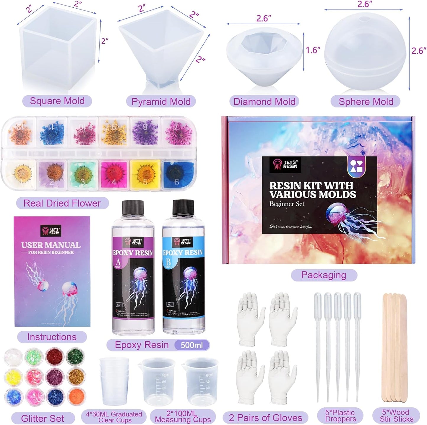 Set rasina epoxidica 250 ml si intaritor 250 ml cu forme din silicon, sclipici, flori uscate, pipete, cupe de masura, pentru bricolaj, incepatori si profesionisti