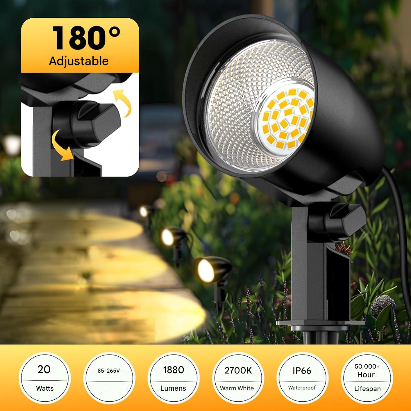 Set 2 proiectoare, lampi gradina 20W, alb cald 2700K, impermeabile IP66, cu tarus de pamant si cablu de 1 m, iluminat exterior pentru gradina, curte, petrecere