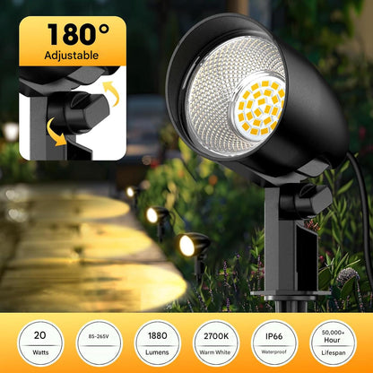 Set 2 proiectoare, lampi gradina 20W, alb cald 2700K, impermeabile IP66, cu tarus de pamant si cablu de 1 m, iluminat exterior pentru gradina, curte, petrecere