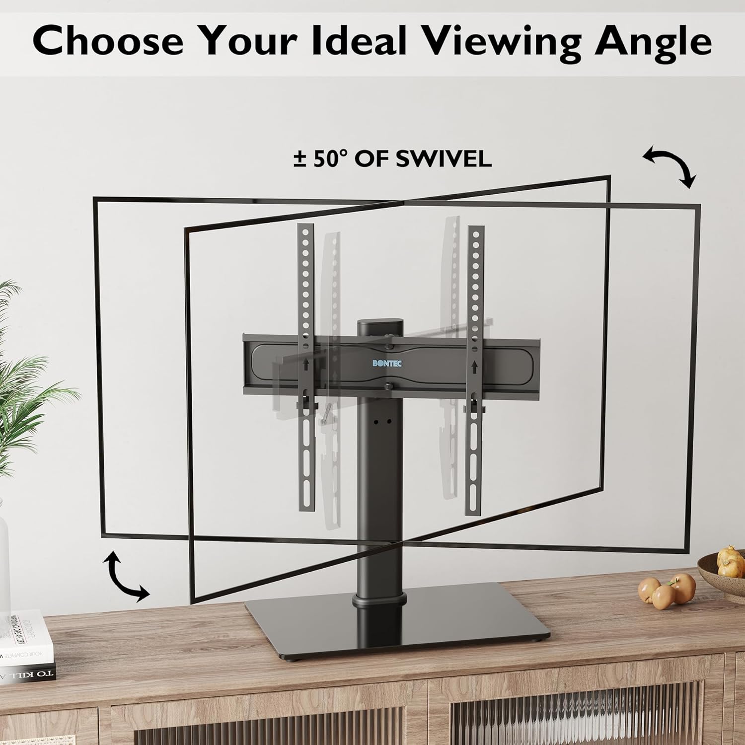 Suport TV cu stand de masa/birou, pentru televizor plat si curbat 26-55 inch, suporta greutate pana la 45 kg, VESA 400 x 400 mm, pivotare 50°, inaltime ajustabila, prinderi din otel, multifunctional