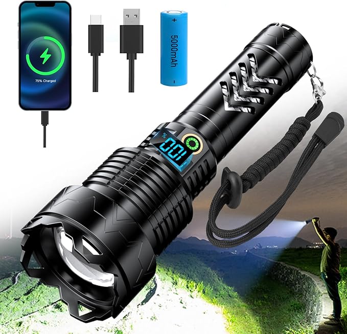 Lanterna tactica LED, din aluminiu, 50000 lumeni, profesionala, focus ajustabil, 5 moduri iluminare, acumulator inclus de 5000 mAh, rezistenta la apa IPX7, incarcare USB, sursa XHP360 negru