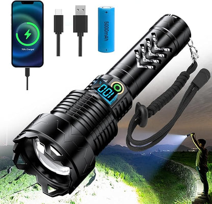 Lanterna tactica LED, din aluminiu, 50000 lumeni, profesionala, focus ajustabil, 5 moduri iluminare, acumulator inclus de 5000 mAh, rezistenta la apa IPX7, incarcare USB, sursa XHP360 negru