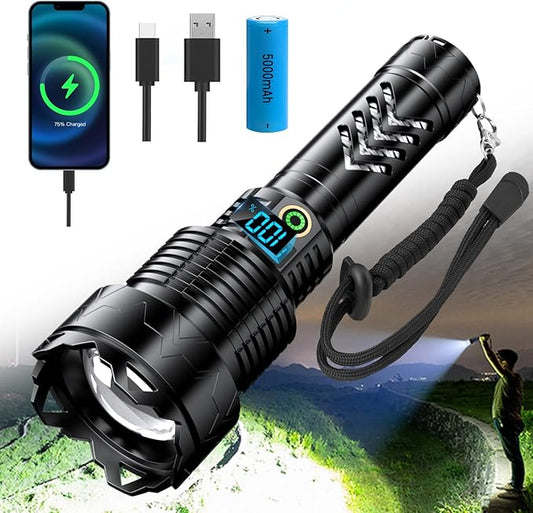 Lanterna tactica LED, din aluminiu, 50000 lumeni, profesionala, focus ajustabil, 5 moduri iluminare, acumulator inclus de 5000 mAh, rezistenta la apa IPX7, incarcare USB, sursa XHP360 negru