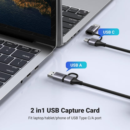 Placa de captura video HDMI la USB-C/USB-A, 4K loop-out, inregistrare 2K 30Hz, Plug & Play, streaming live, compatibil smartphone, consola, camera DSLR, laptop, PC Windows, macOS, Linux
