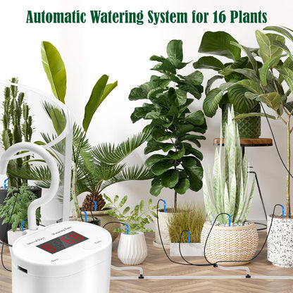 Sistem de irigare prin picurare pentru plante in ghiveci, cu acumulator 2000 mAh reincarcabil USB, furtun de 2m, 16 picuratoare, display LED, alb