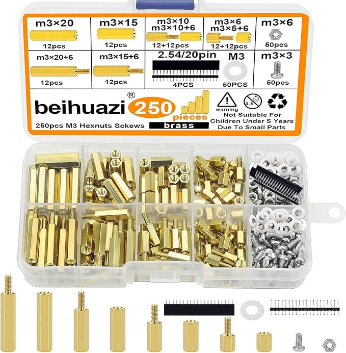 Set distantiere M3, 250 de bucati din alama, suruburi si piulite din otel inoxidabil, hexagonale, filet tata-mama, distantiere pentru pentru placa de baza Raspberry Pi si placa PCB