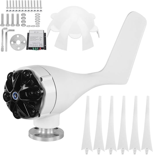 Kit turbina eoliana, 500 W, 12 V/24 V, cu controler MPPT, cu 5 lame, diametru 1, 19 m, generator trifazat pentru rulota, barca, casa, alb
